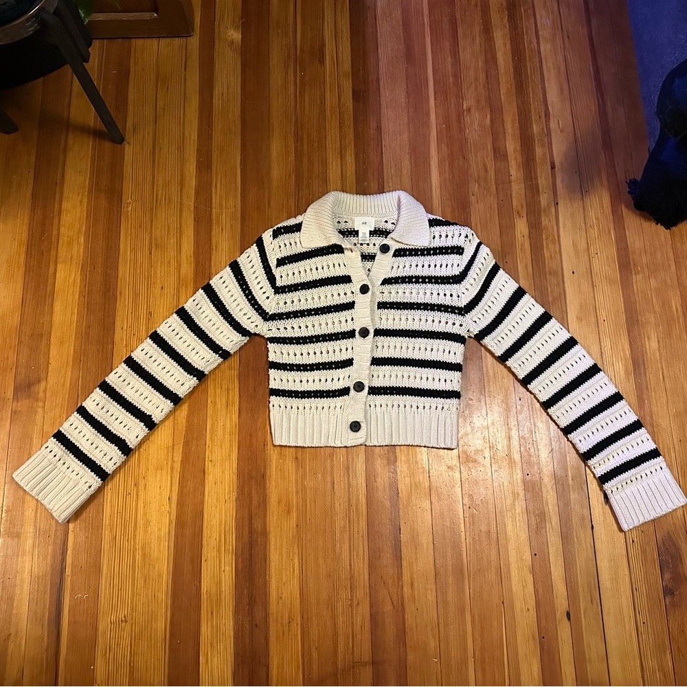 H&M Cropped Button-Up Striped Knit Cardigan - Cream & Black
